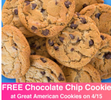 One Free Original Chocolate Chip Cookie from Great American Cookies on Monday, April 15th