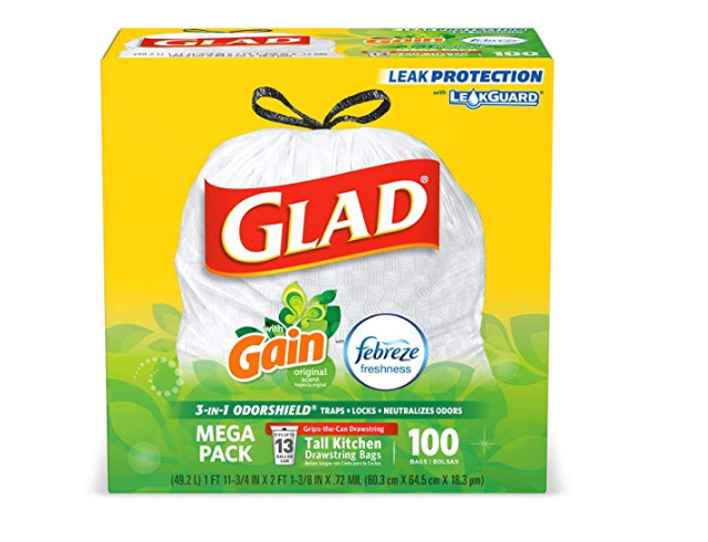 Amazon: Glad Tall Kitchen Drawstring Trash Bags – OdorShield 13 Gallon White Trash Bag, Gain Original with Febreze Freshness – 100 Count – $10.59
