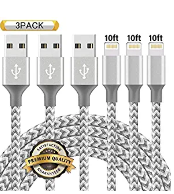 Amazon: iPhone Charger,Youer MFi Certified Lightning Cable 3 Pack 10FT Extra Long Nylon Braided USB Charging & Syncing Cord – $5.99