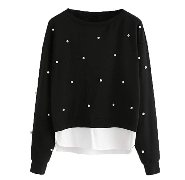 Amazon: ROMWE Women’s Long Sleeve Colorblock Pearls Asymmetrical Cotton Sweatshirt – $7.08