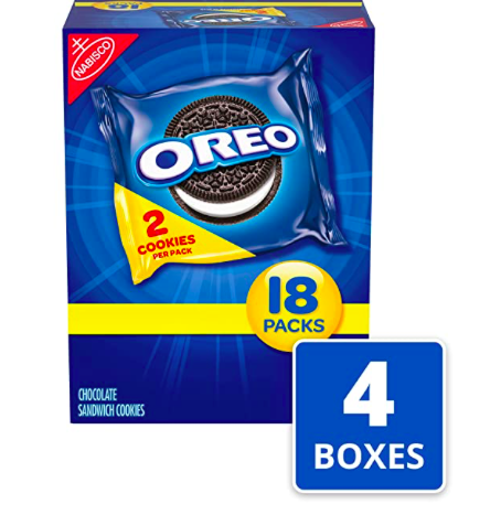 Amazon: OREO Chocolate Sandwich Cookies, 4 Boxes of 18 Snack Packs – $8.79